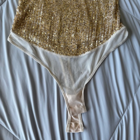 Free People Gold Sequin Bodysuit Tank V Neckline - Picture 3 of 11